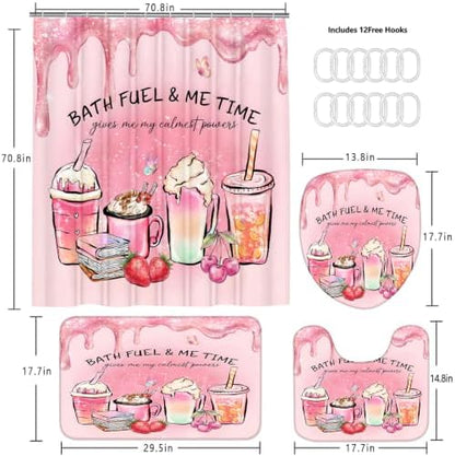 LQCOOL Pink Shower Curtain Set with Rugs,Waterproof Bathroom Sets Pink Shower Curtain with 12 Hooks for Bathroom Decor,Toilet Lid Cover & U-Shaped Mat