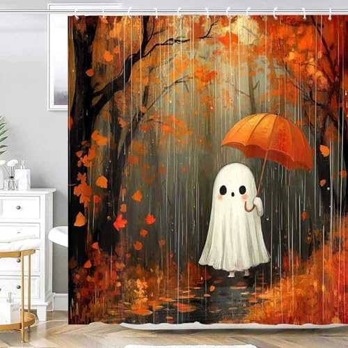 Halloween Ghost Pumpkin Shower Curtain, Cute Funny Autumn Seasonal Floral Decor Bath Curtains, Fall Maple Leaves Spooky Waterproof Fabric Bathroom Accessories with Hooks, 72x72 Inch