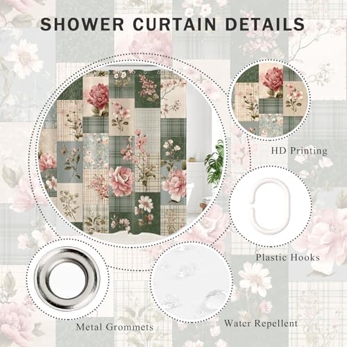 Vintage Floral Patchwork Shower Curtain for Bathroom, Pink Flower and Green Plaid Retro Shower Curtain Set Country Farmhouse Bathroom Decor Accessories with Hooks, 60W X 72L inches