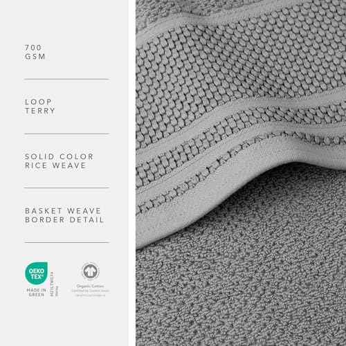 Texere 100% Organic Cotton Rice Weave Jacquard 700 GSM Luxury Bath Towel Sets - Ultra Soft and Absorbent Hotel and Spa Quality (Rice Weave, Cathedral Gray, 2 Bath & 2 Hand Towels)