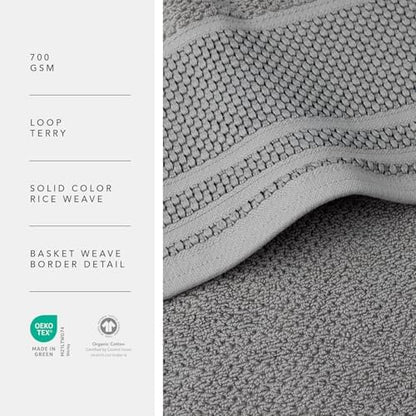 Texere 100% Organic Cotton Rice Weave Jacquard 700 GSM Luxury Bath Towel Sets - 2 Ultra Soft, Large Bath Towels, 2 Hand Towels, 2 Washcloths (Rice Weave, Cathedral Gray, 6 Piece)