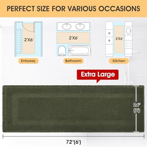 Extra Large Waffle Bath Mat, Boho Woven Modern Bath Rug Absorbent Non Slip, Ultra Soft Bathroom Mats, Machine Washable Knit Bath Rugs with Tassels for Bathroom, Bedroom, Kitchen, 6'x2', Dark Green