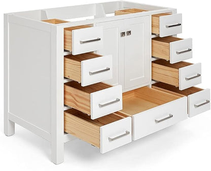 ARIEL Cambridge 42-inch Bathroom Vanity Base Cabinet,Solid Wood, 2 Soft Closing Doors, 9 Dovetail Drawers, White