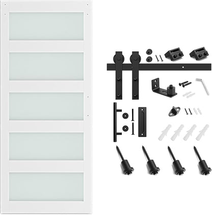 SMARTSTANDARD 38 x 84 in Glass Barn Door with 6.6FT Sliding Hardware Kit | Pre-Drilled Ready to Assemble, Waterproof PVC Coating, White, 5-Panel Glass