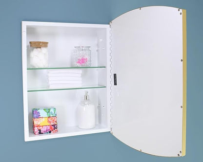 Fox Hollow Furnishings 16x20 Harper Crescent Metal Framed Rectangle Recessed Bathroom Medicine Cabinet, Arced Mirror, 14x18 in-Wall Opening, Adjustable Glass Shelves, Magnet Close, Gold