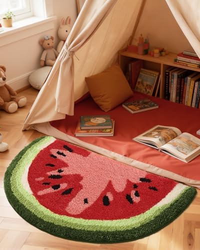 DEXI Cute Watermelon Bath Mat, Half Round Fruit Bathroom Rugs 36x20