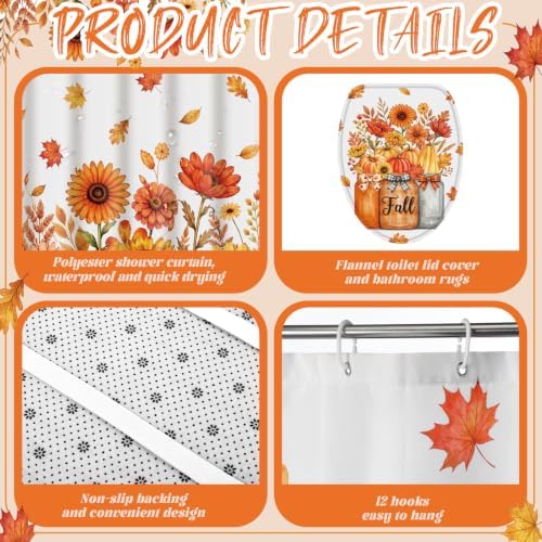 Honoson 8 Pcs Fall Shower Curtain Set, Autumn Thanksgiving Bathroom Set
