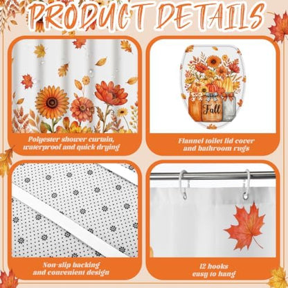 Honoson 8 Pcs Fall Shower Curtain Set, Autumn Thanksgiving Bathroom Set