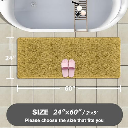Bathroom Runner Rug 24 x 60 Inch – Extra Large Long Bath Mat | Absorbent and Washable Thick Chenille Bath Rug Non-Slip Runner Rug for Bathroom, Shower, Sink(Mustard)