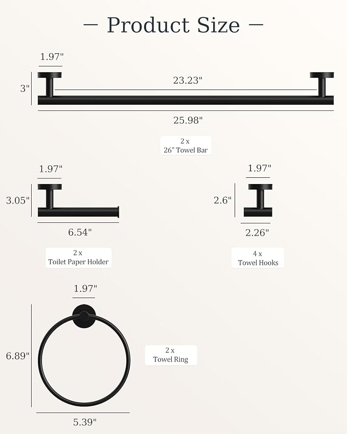 Matte Black Bathroom Hardware Set 10 Pieces Stainless Steel | Evolvegoods Bathroom Hardware Set, Includes 26 inch Towel Bar, 4 Towel Hook, 2 Towel Ring Toilet Paper Holder