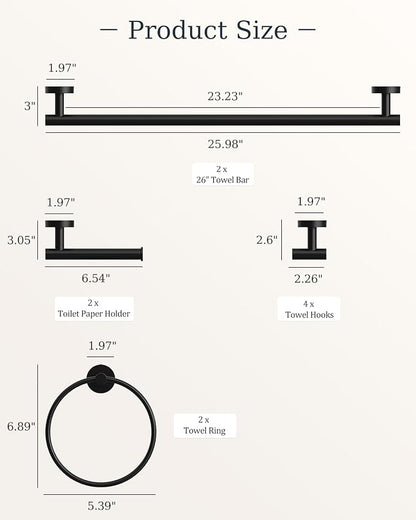 Matte Black Bathroom Hardware Set 10 Pieces Stainless Steel | Evolvegoods Bathroom Hardware Set, Includes 26 inch Towel Bar, 4 Towel Hook, 2 Towel Ring Toilet Paper Holder