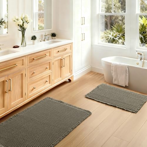 JIUZHEN Set of 2 Waffle Bath Mats Boho Bath Rugs 16x24&24x36, Olive Green