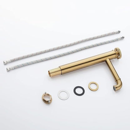 Industrial Bathroom Faucet Brass, Single Hole One Wheel Handle, Tall Deck Mounted Sink Cold and Hot Water Mixer Tap-Bright Gold(Brushed Gold)