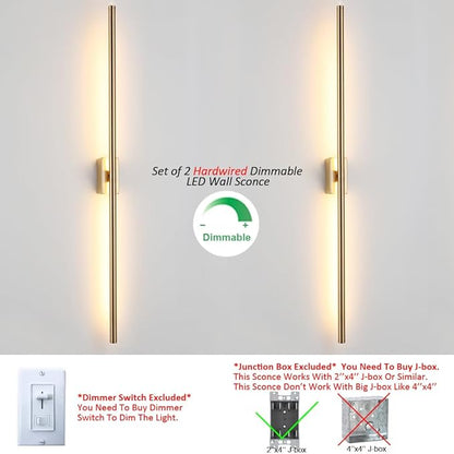 Only Suitable for Small Junction Box Set of 2 Modern Linear LED Wall Light Hardwired 48 Inch Slim Tube Waterproof Vanity Wall Sconce for Living Room Corridor Bathroom (2 Pack, 48'', Gold, Dimmable)