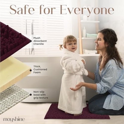 MAYSHINE Plush Shaggy Chenille Bath Mat | Extra Soft, Super Absorbent, Non-Slip Bathroom Rug | Fluffy Microfiber, Area Rug Sets for Bathroom Floor, Kitchen, Living Room | 47"x27" | Burgundy
