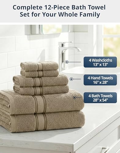 LANE LINEN Bath Towel Set Absorbent Quick Dry 100% Cotton 12 Piece - Taupe