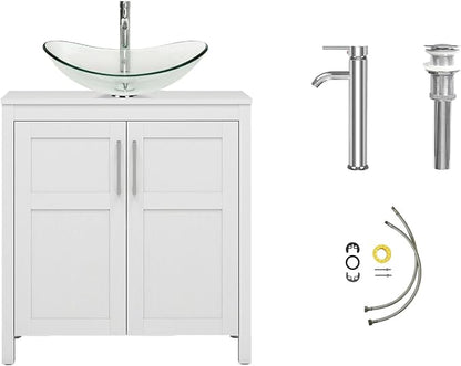 YOURLITE 30 Inches Traditional Bathroom Vanity Set with Single Faucet Hole, Clear Boat Glass Sink, White Finish, 2-Door Cabinet