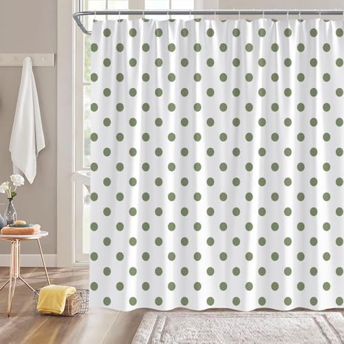 Polka Dot Shower Curtain Sage Green White Retro Spot Vintage Fabric Decorative Bathroom Curtains with Hooks,70" Wx70 H