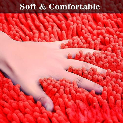 Half Round Bath Mat Red Bathroom Rugs Semicircle Chenille Bath Rugs Water Absorbent Floor Mats for Kids Washable Bathroom Shower Mat Area Rugs (19.2" x 31.1")