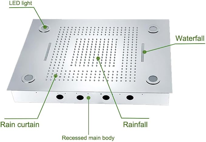 Cascada Classic Design 23”x31” large recessed LED rain shower head w/3 modes (Rainfall+ Water Curtain + Waterfall)(NON Music, Polished Stainless Steel)