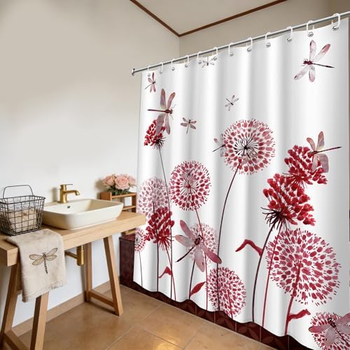 Red Dandelion Shower Curtain Spring Dragonfly Coral Red and White Watercolor Shower Curtains for Bathroom Decor, Waterproof Cloth Fabric with Hooks 70" Wx72 L
