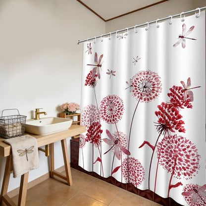Red Dandelion Shower Curtain Spring Dragonfly Coral Red and White Watercolor Shower Curtains for Bathroom Decor, Waterproof Cloth Fabric with Hooks 70" Wx72 L