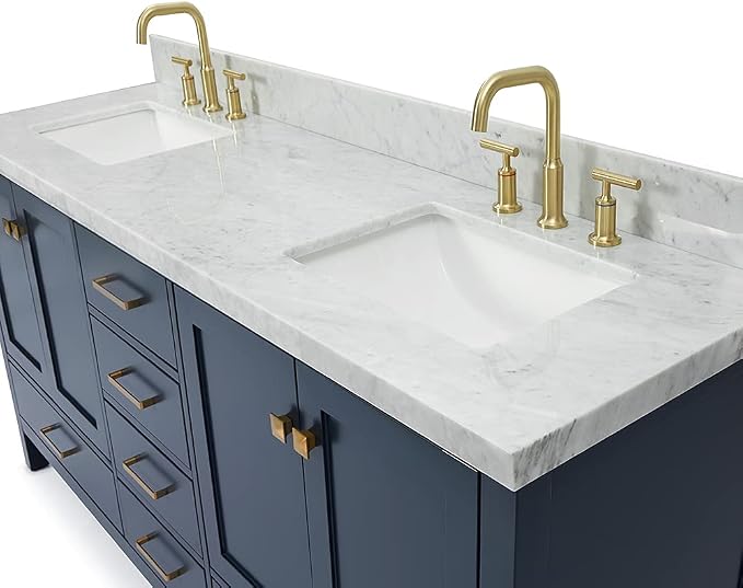 ARIEL Cambridge 72-inch Bathroom Vanity with Sink,Solid Wood, 1.5-inch Italian Carrara Marble Countertop, Double Rectangular Porcelain Sink, 4 Soft Closing Doors, 6 Dovetail Drawers, Midnight Blue