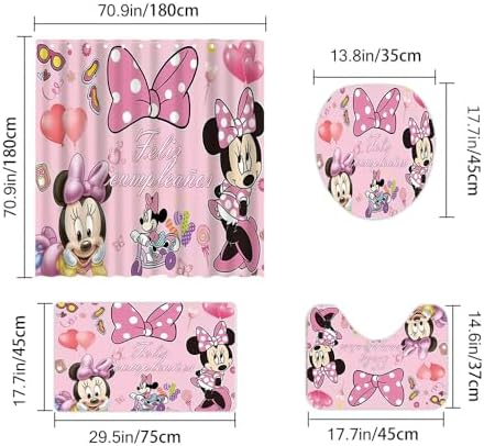 Cute Cartoon Shower Curtain Set 4 Piece with Non-Slip Rugs, Toilet Lid Cover and Bath Mat Cartoon Bathroom Decor 72 x 72inch (Minnie)