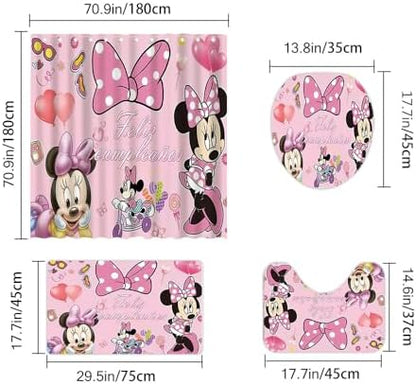 Cute Cartoon Shower Curtain Set 4 Piece with Non-Slip Rugs, Toilet Lid Cover and Bath Mat Cartoon Bathroom Decor 72 x 72inch (Minnie)