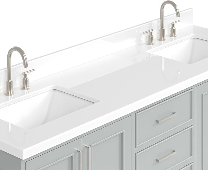 Langford 72-inch Grey Bathroom Vanity with Left & Right Rectangle Double Sinks, Pure White Quartz Countertop & Backsplash, Solid Wood Frame, Soft-Closing & Dovetail Drawers
