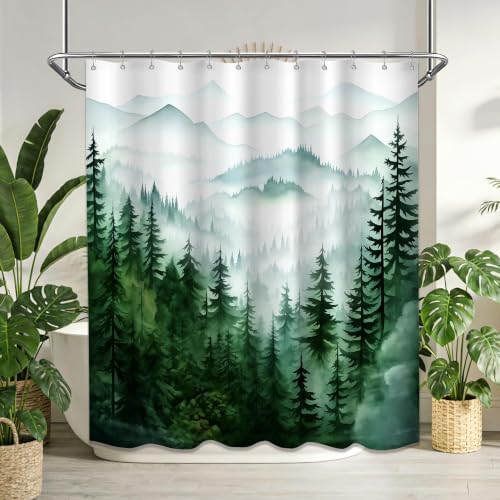Dark Green and White Forest Shower Curtain, 72x72 in, Nature Pine Tree