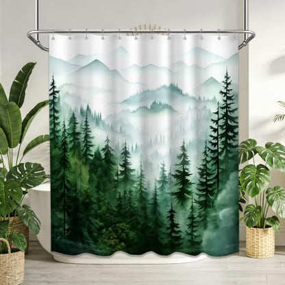 Dark Green and White Forest Shower Curtain, 72x72 in, Nature Pine Tree