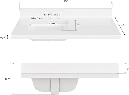 ARIEL 43 inch Bathroom Vanity top with Sink, 1.5 Inch Thick Miter Edge White Quartz top, Left Offset Vanity top with Rectangle Porcelain Sink, Includes Backsplash