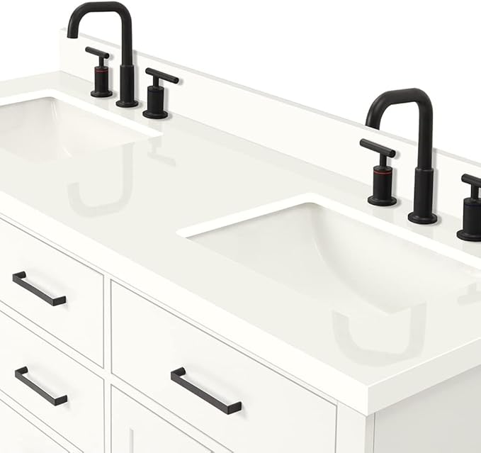 DKB Isabella 60" White Double Bathroom Vanity with Sink, 1.5" Edge Pure White Quartz Countertop, Rectangular Sinks, 4 Soft Closing Doors, 4 Full Extension Dovetail Drawers