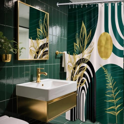 Emerald Green and Gold Extra Long Shower Curtain, Tall 72X96 in