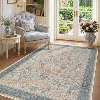 Boho Floral Bird Pattern 4x6 Large Mudroom Rug - Natural Red Blue Washable Reading Corner Area Rug, Modern Vintage Kitchen Floor Carpet, Low Pile Non-Slip Carpet for Door Mat Indoor Entrance