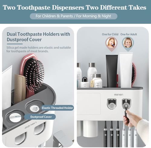 Toothbrush Holders for Bathrooms Wall Mounted, 6 Slot Toothbrush Holder with 2 Automatic Toothpaste Dispensers, 2 Magnetic Cups, Large Capacity Bathroom Organizer, Wall Storage with Drawer