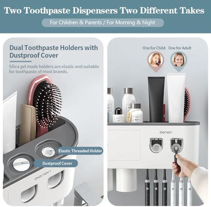Toothbrush Holders for Bathrooms Wall Mounted, 6 Slot Toothbrush Holder with 2 Automatic Toothpaste Dispensers, 2 Magnetic Cups, Large Capacity Bathroom Organizer, Wall Storage with Drawer