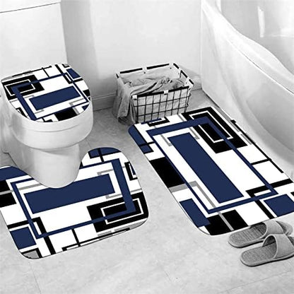 Yddsky 4 Pcs Blue Geometric Shower Curtain Set with Rugs Bathroom Set