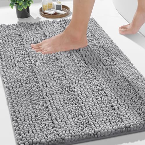 Yimobra Bathroom Rug Mat 36 x 24, Non Slip and Super Absorbent Bath Mat,Machine Washable Quick Dry,Ultra Plush Chenille Shower Rugs for Bathroom Floor Sink Tub and Shower Outside,Gray