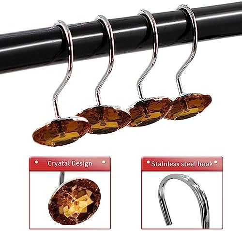 Crystal Diamond Round Shower Curtain Hooks Rings for Bathroom,Brown,12PCS