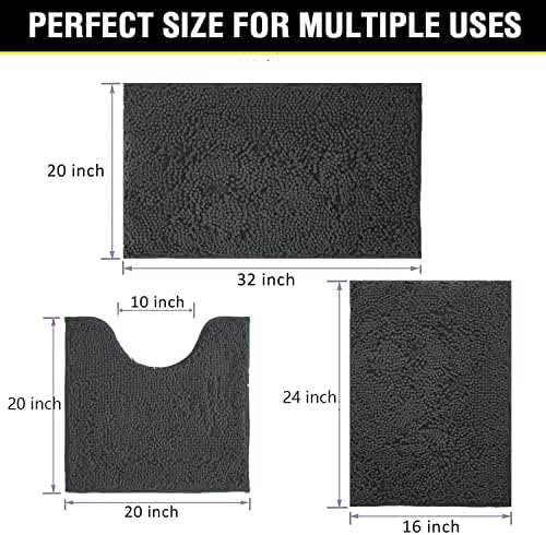 BOANKODU Bathroom Rugs Chenille Bath Mat Set 3-Piece Bath Rugs for Bathroom Extra Soft Bath Mats for Bathroom Non Slip Absorbent Shag Machine Washable, Strong PVC Underside (Grey)