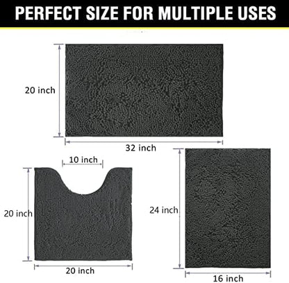 BOANKODU Bathroom Rugs Chenille Bath Mat Set 3-Piece Bath Rugs for Bathroom Extra Soft Bath Mats for Bathroom Non Slip Absorbent Shag Machine Washable, Strong PVC Underside (Grey)