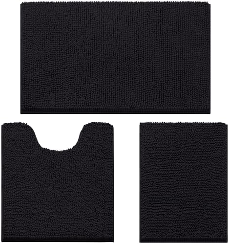HOMEIDEAS Black Chenille Bathroom Rugs Set of 3, Non Slip Bath Mat