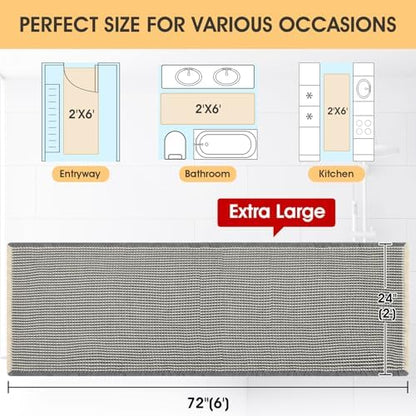 Extra Large Waffle Bath Mat Grey & Beige 6'x2'(72" x 24"), Boho Woven Modern Bath Mat Rugs, Absorbent Non Slip Bathroom Rugs, Soft Washable Bath Rugs with Tassels for Bedroom, Kitchen, Shower, Tub