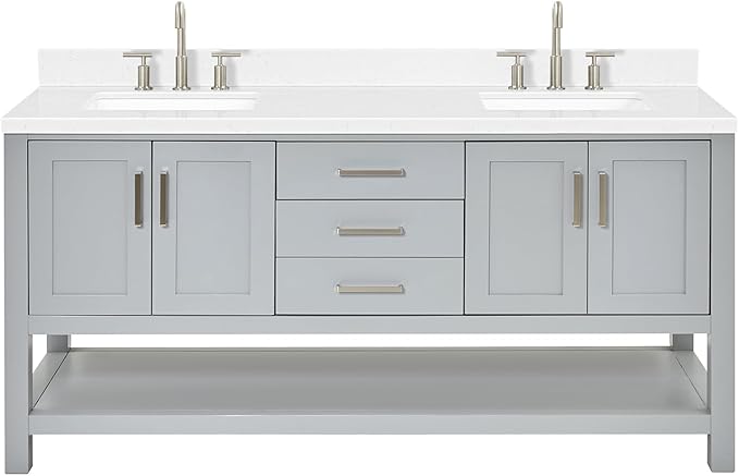 ARIEL Magnolia 72-inch Bathroom Vanity with Sink,Solid Wood, 1.5-inch Carrara White Quartz Countertop & Backsplash, Double Rectangular Porcelain Sink, 4 Soft Closing Doors, 3 Dovetail Drawers, Grey