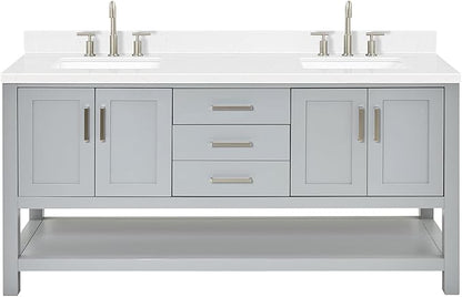 ARIEL Magnolia 72-inch Bathroom Vanity with Sink,Solid Wood, 1.5-inch Carrara White Quartz Countertop & Backsplash, Double Rectangular Porcelain Sink, 4 Soft Closing Doors, 3 Dovetail Drawers, Grey