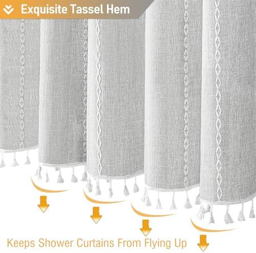 BTTN Grey Boho Farmhouse Linen Heavy Duty Shower Curtain Set, Gray, 72x72