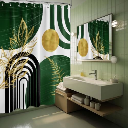 Olive Green and Gold Shower Curtain, 60X72 in, Mid Century Modern
