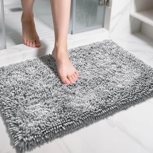 Yimobra Chenille Bathroom Rugs Non Slip, Extra Thick Soft Absorbent Bath Rug 31.5x20 Inch, Machine Washable Quick Dry Bath Mat for Bathroom Floor, Tub and Shower, Home Decor Accessories, Light Grey